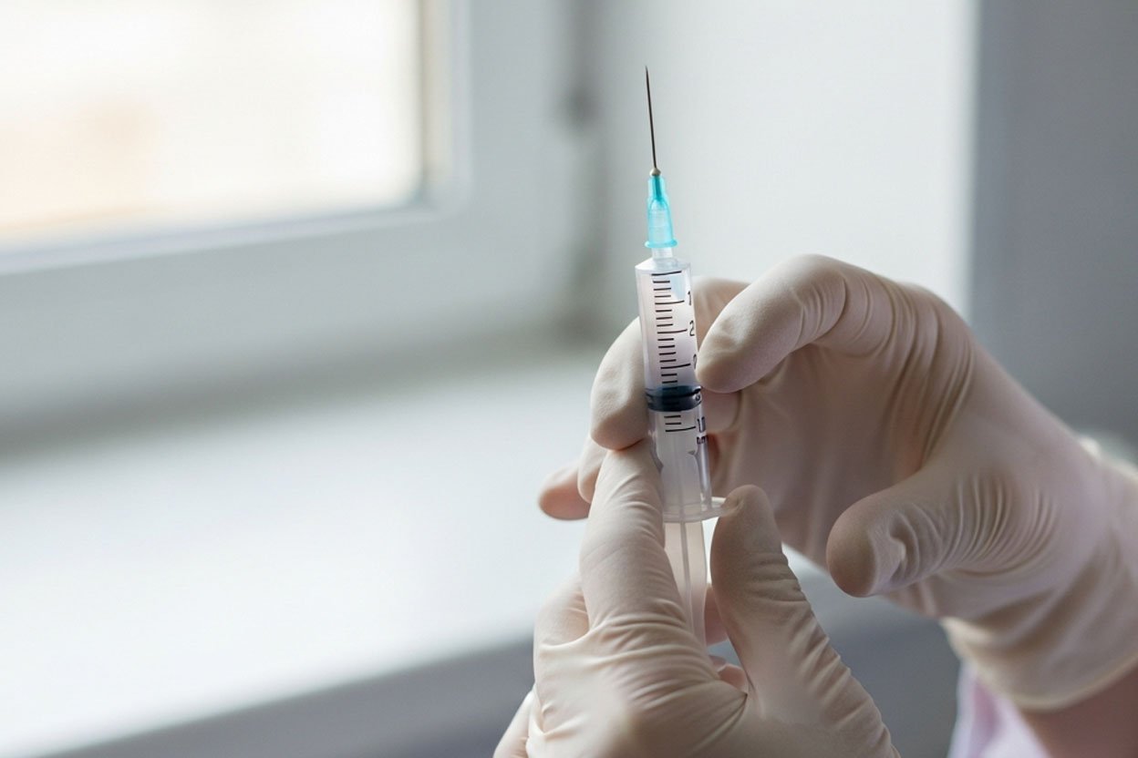 Кодирование наркозависимых Врач держит шприц в руках